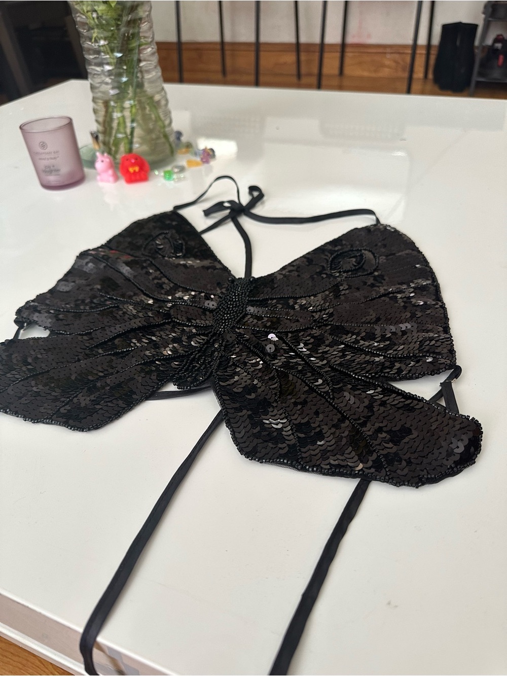 Black Beaded Sequin Butterfly Halter Top